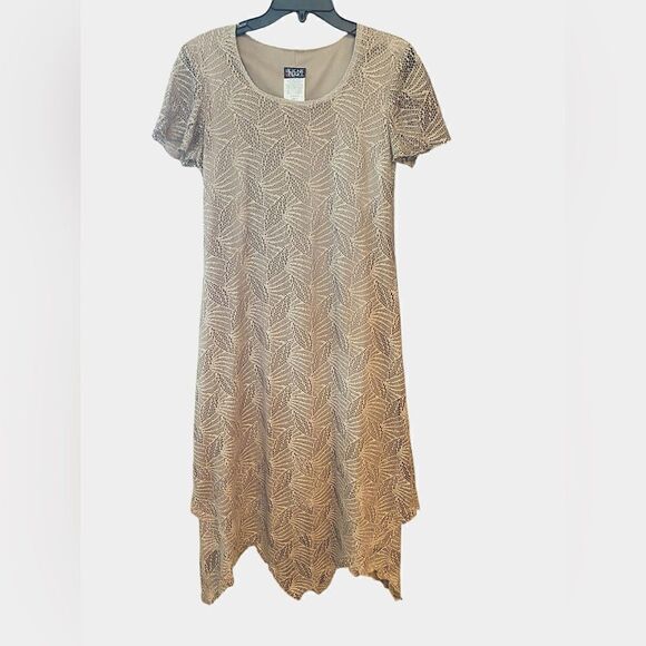 Helene Blake Sz 8 Gold Crochet Shark Bite Layered Hem Lined Vintage Glam Dress - Picture 1 of 8